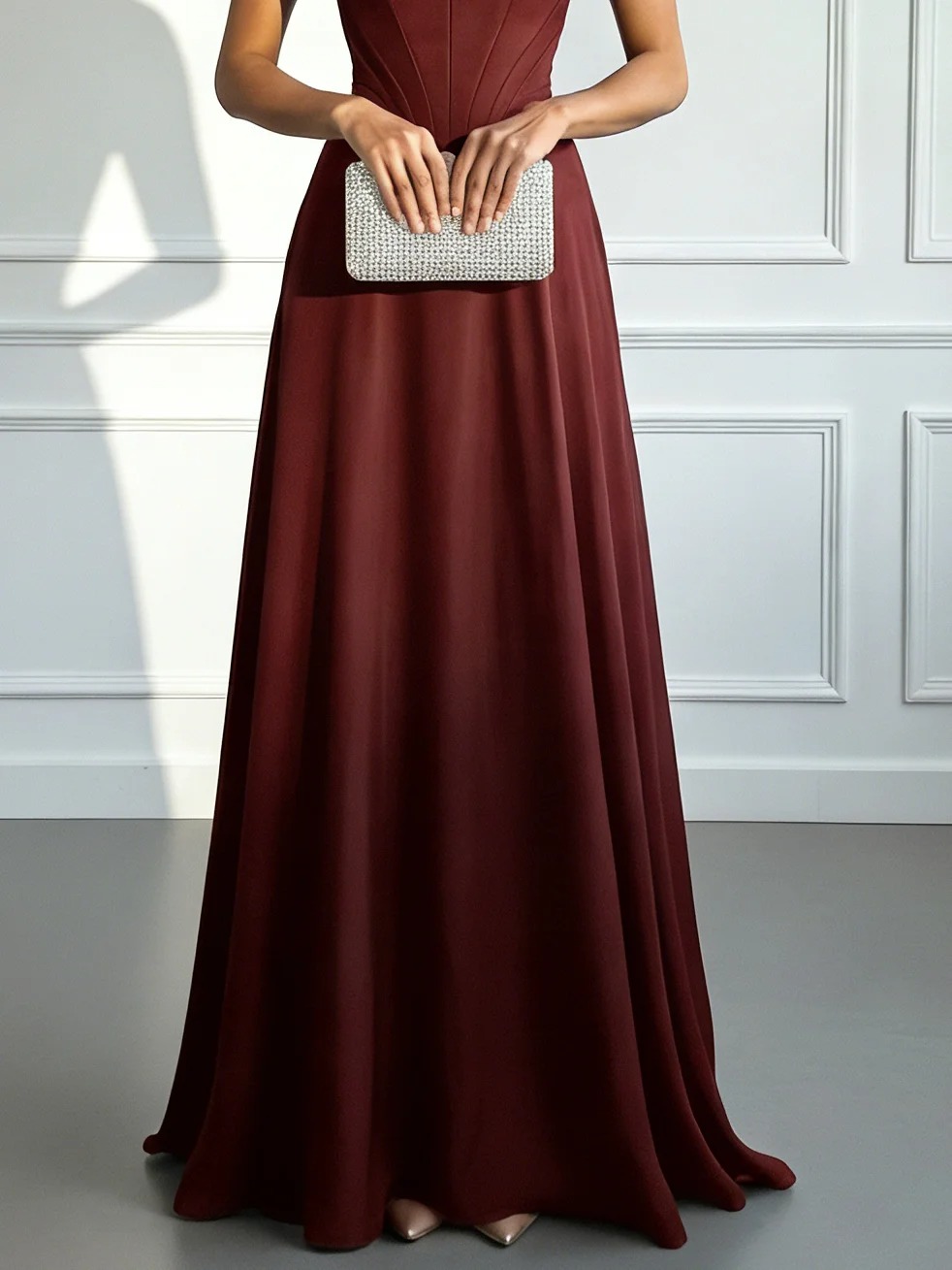 Burgundy Satin One Shoulder Sleeveless A-Line Maxi Dress