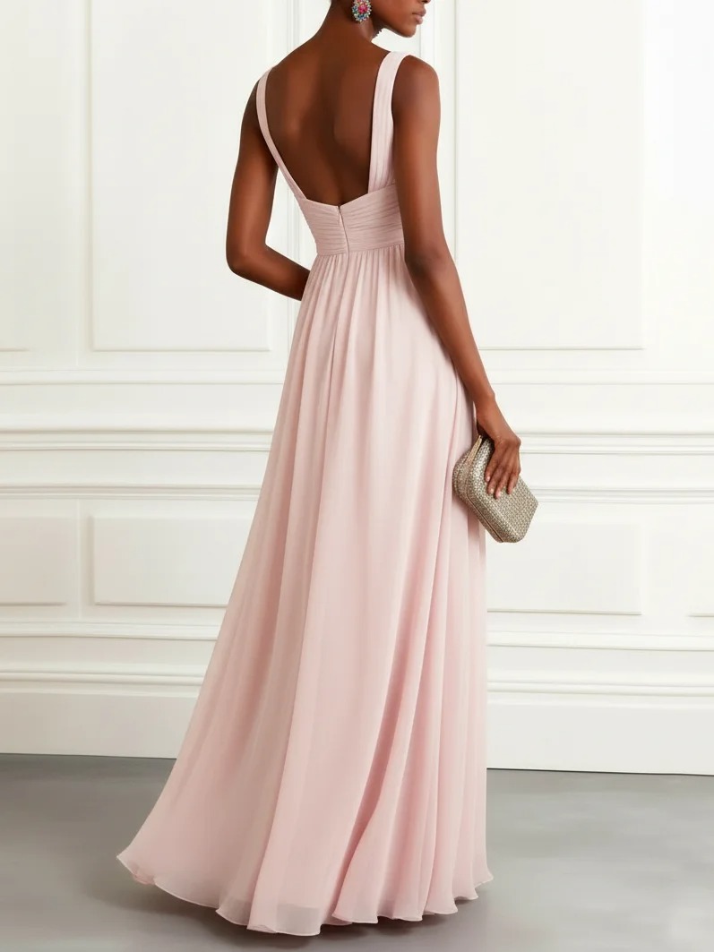 Pink Ruched Knot Chiffon Sweetheart Neckline Sleeveless A-Line Maxi Dress
