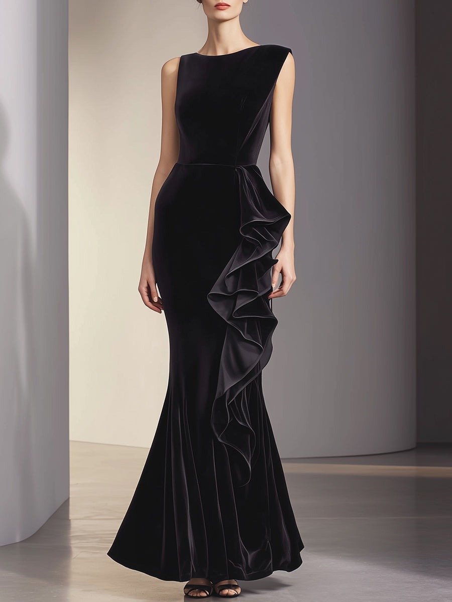 Black Asymmetric Cascading Ruffle Velvet Gown