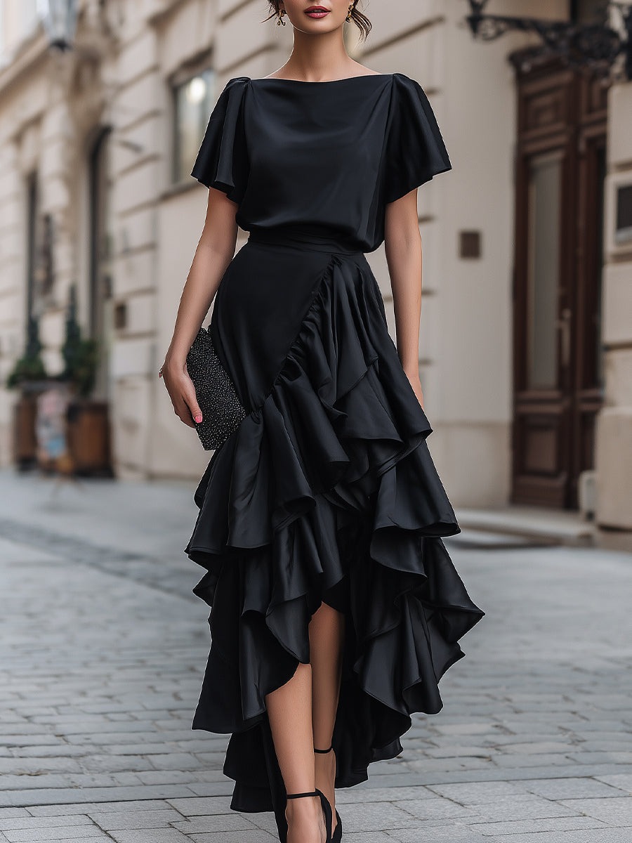 Black Short Sleeve Asymmetric Ruffle Midi Dress