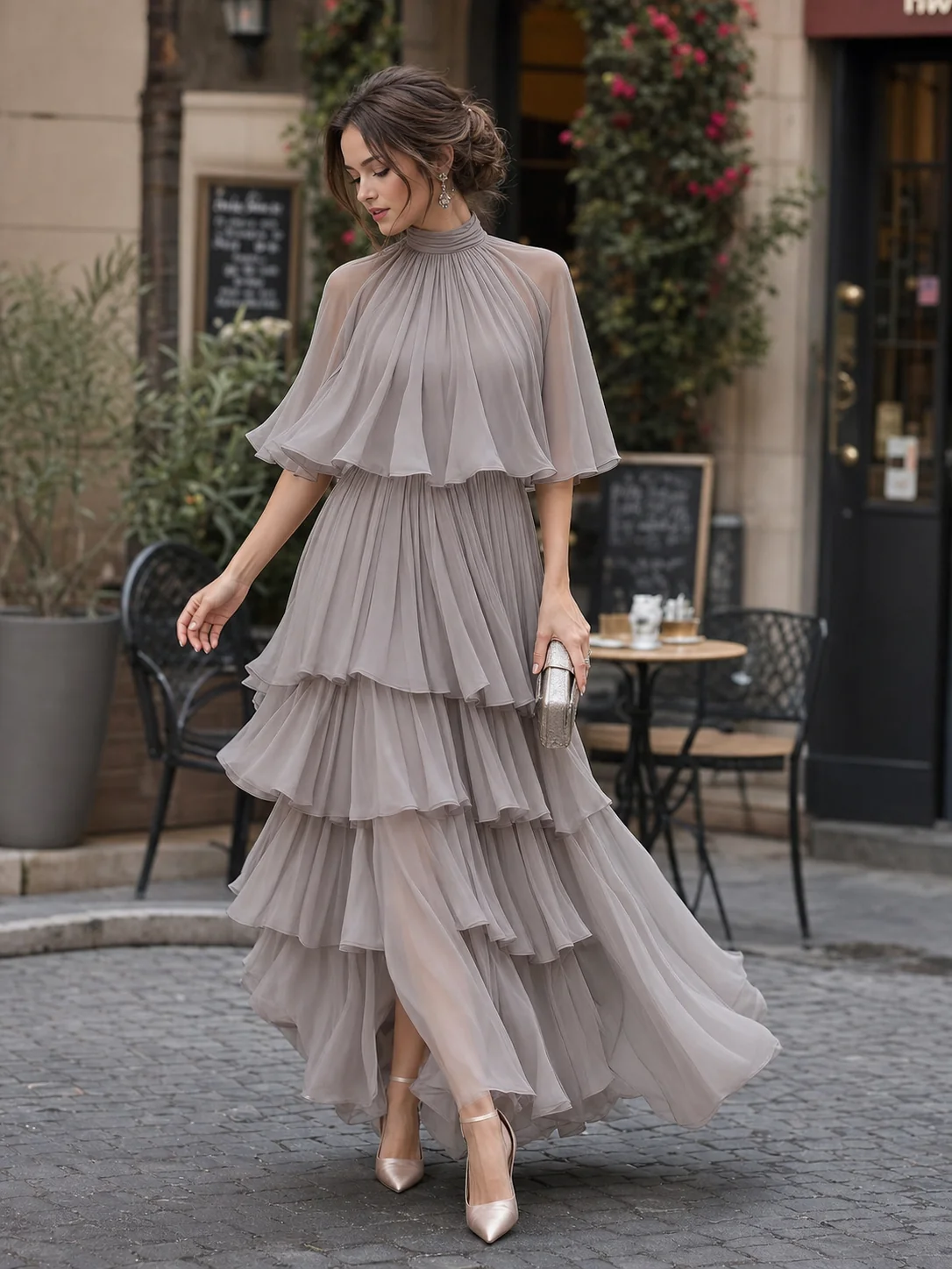 Mock Neck Layered Capelet Ruffled Tiered Chiffon Maxi Dress