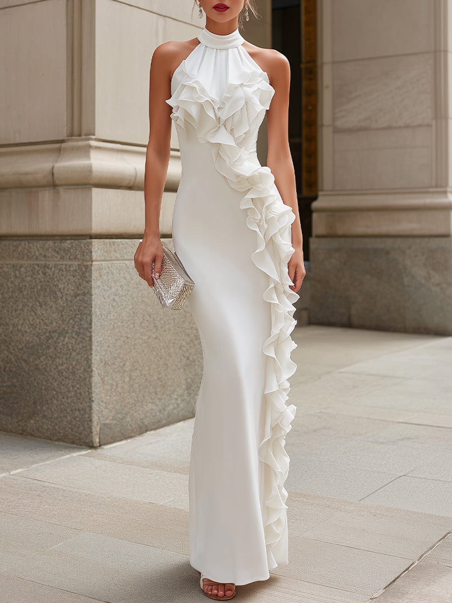 White Halter Neck Ruffle Trim Maxi Dress