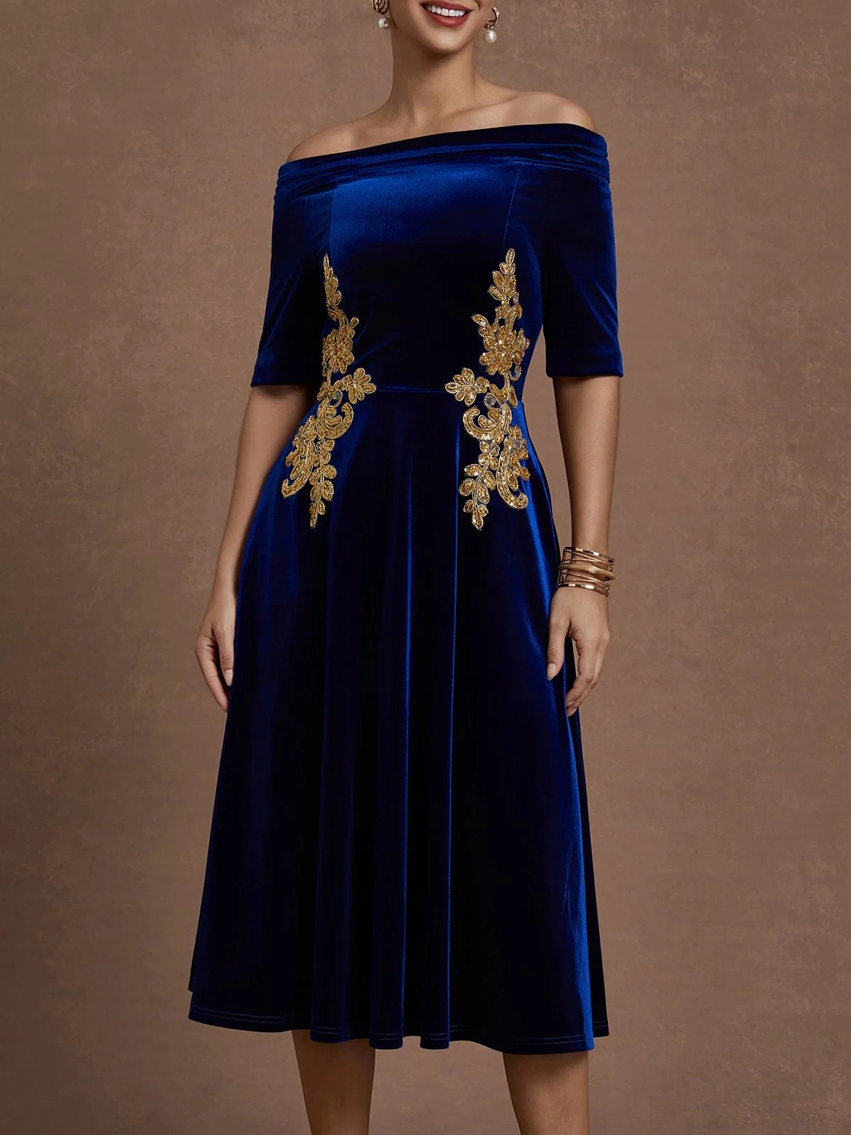 Deep Blue Applique Gathered Velvet Off The Shoulder Half Sleeve A-Line Midi Dress