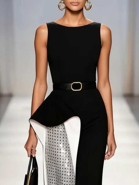 Black Stamped Silver Split Joint Classic Crew Neck Sleeveless Sheath Maxi Dress