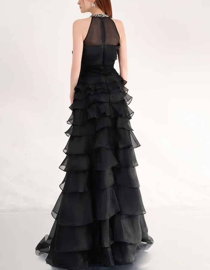 Black Silk A-line Ruffled Layered Organza Maxi Dress