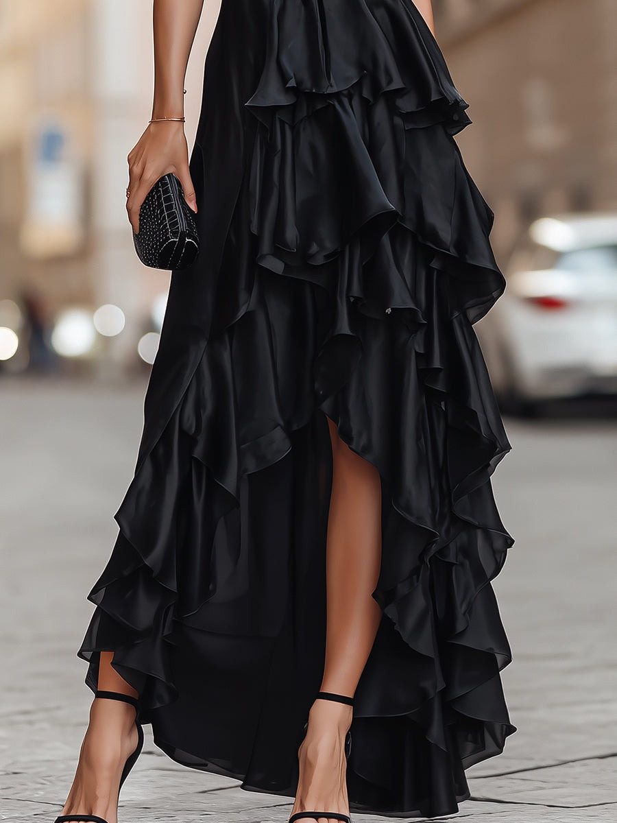Black Spaghetti Strap Draped Ruffle Maxi Dress