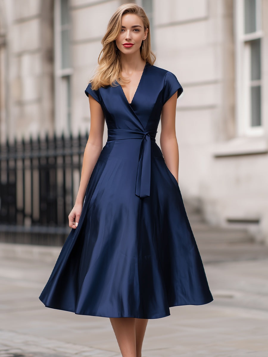 Navy Satin Wrap Midi Dress – Timeless Elegance With A Flattering Silhouette
