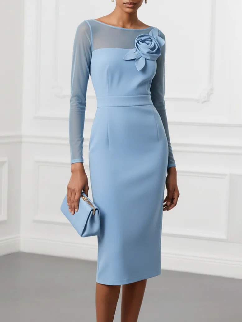 Light Blue 3D Floral Mesh Classic Boat Neck Long Sleeve Sheath Midi Dress