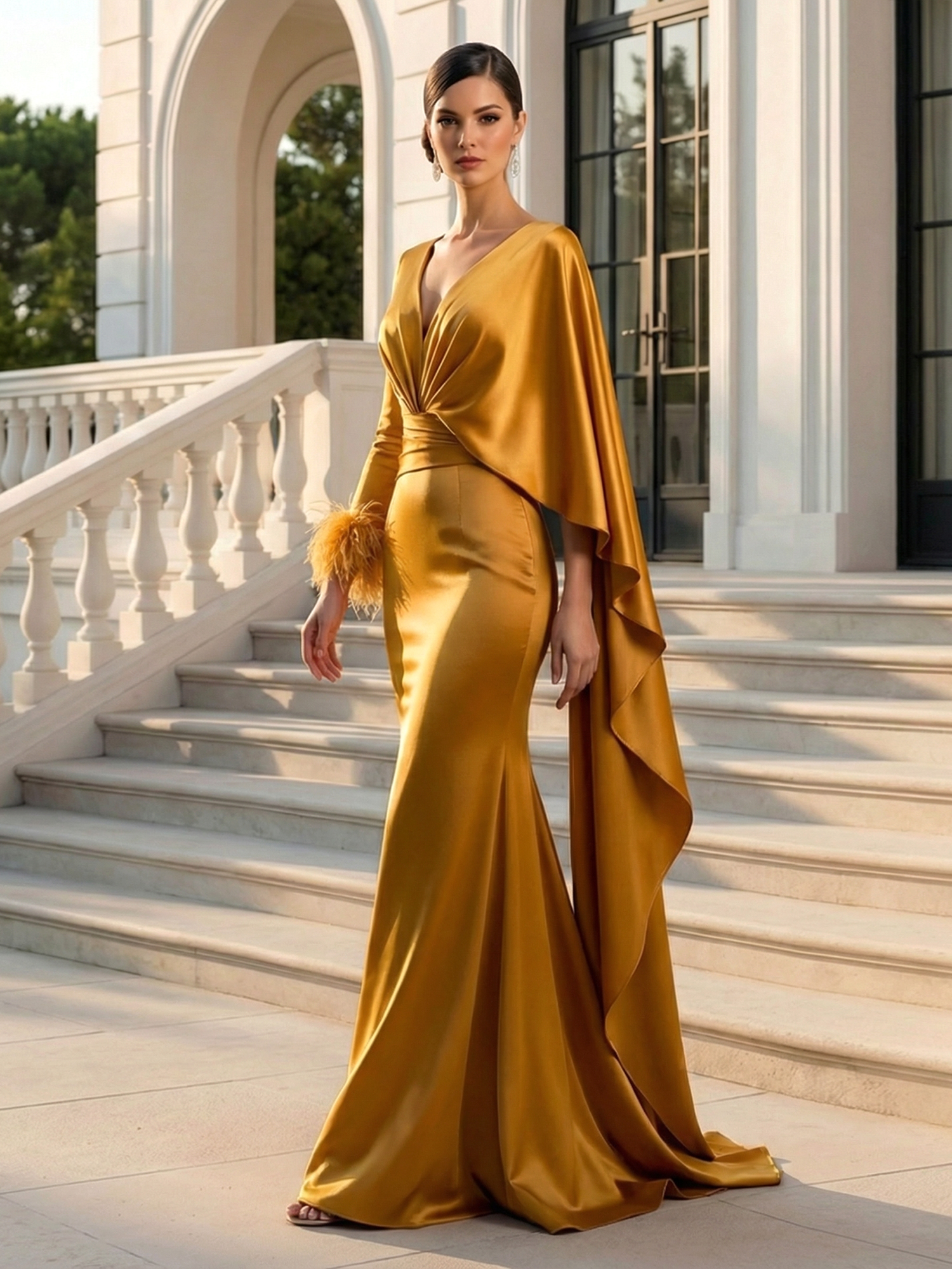 Evening Formal Gold Satin Dress V Neck Long Sleeve Cape Maxi Gown