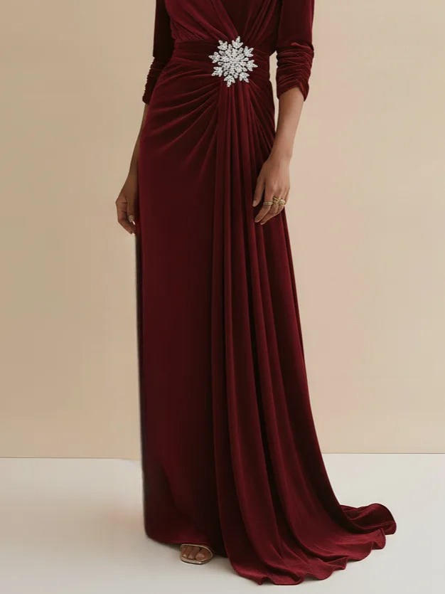 Burgundy Rhinestone Ruched Velvet V Neck Long Sleeve A-Line Gown Dress