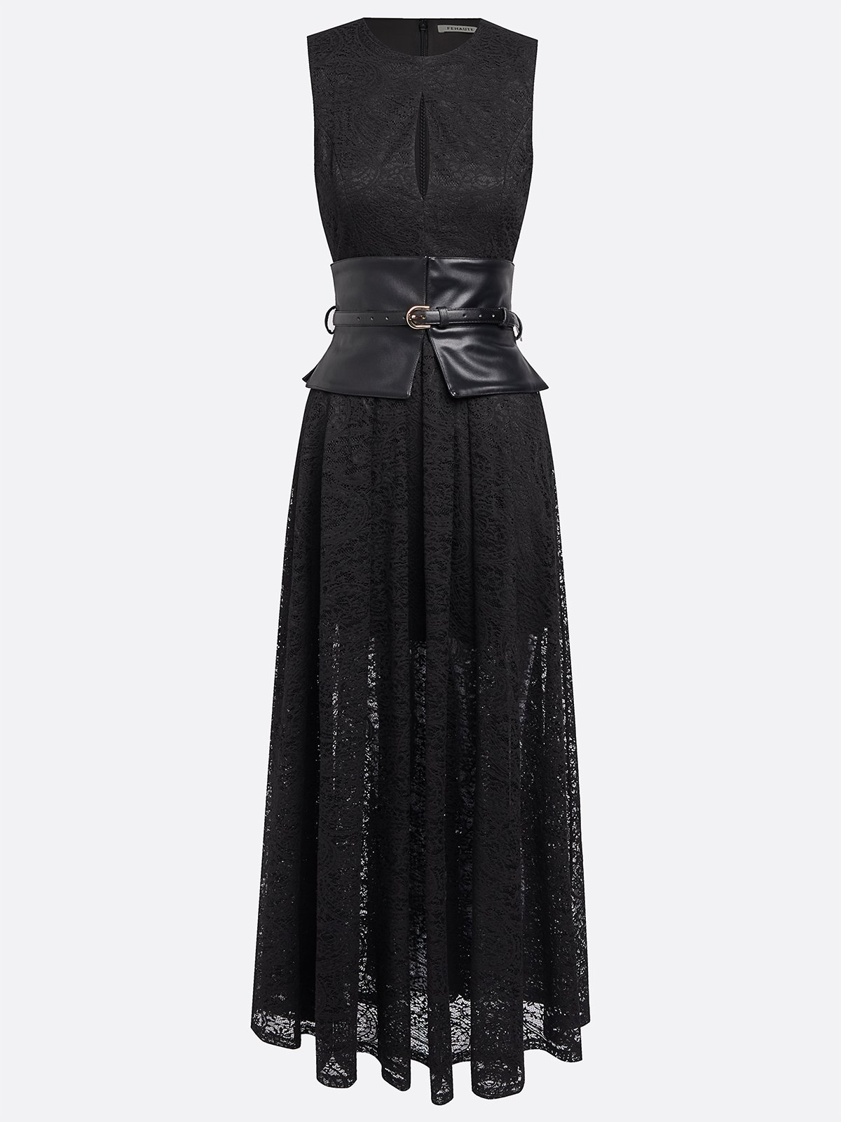 Black Lace Hollow Out Lace Crew Neck Sleeveless A-Line Maxi Dress