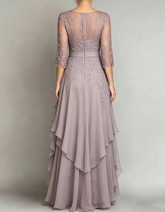 V-Neck Half Sleeve Lace Chiffon Evening Gown
