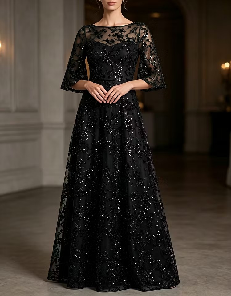Boat Neck Flare Sleeve Beaded Mesh Evening Gown