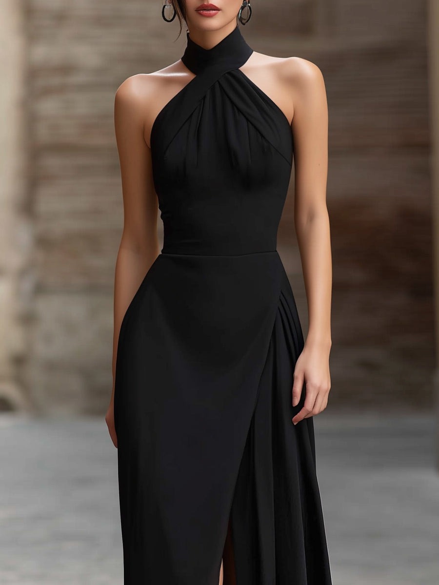 Black Cross-Halter Draped Front Slit Maxi Dress