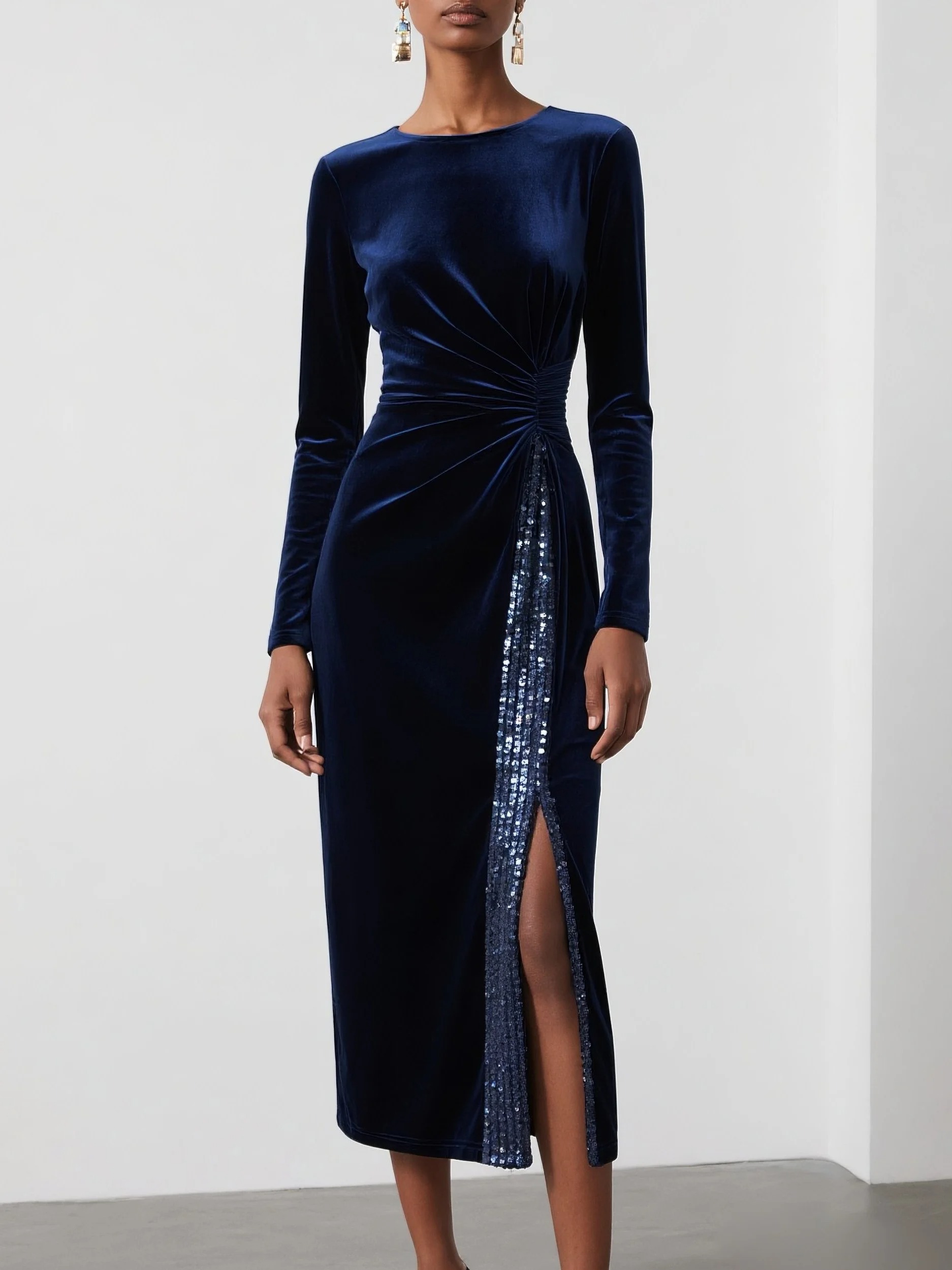 Navy Blue Glitter Velvet Crew Neck Long Sleeve Sheath Midi Dress