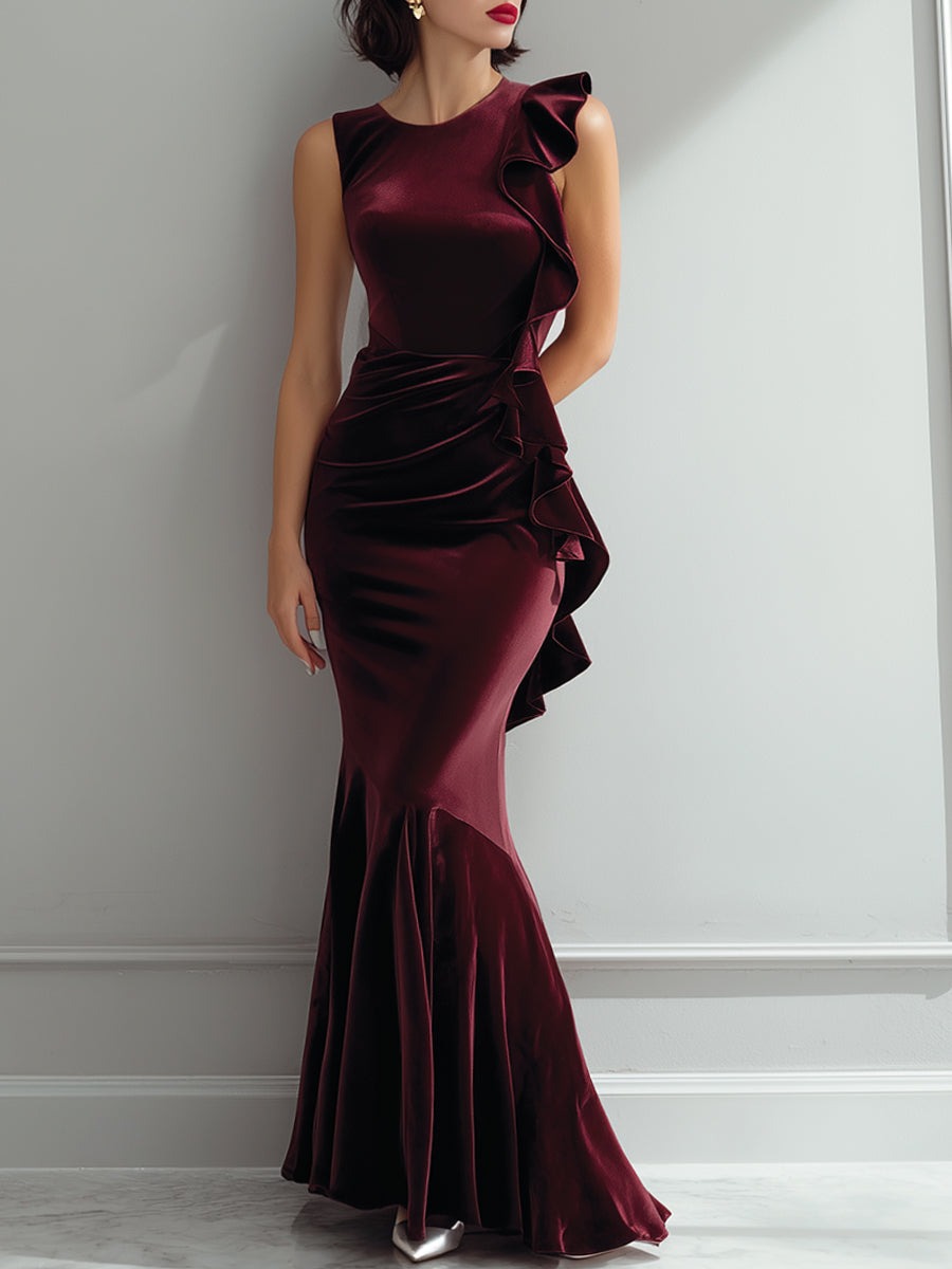 Burgundy Sleeveless Burgundy Velvet Ruffle Mermaid Gown