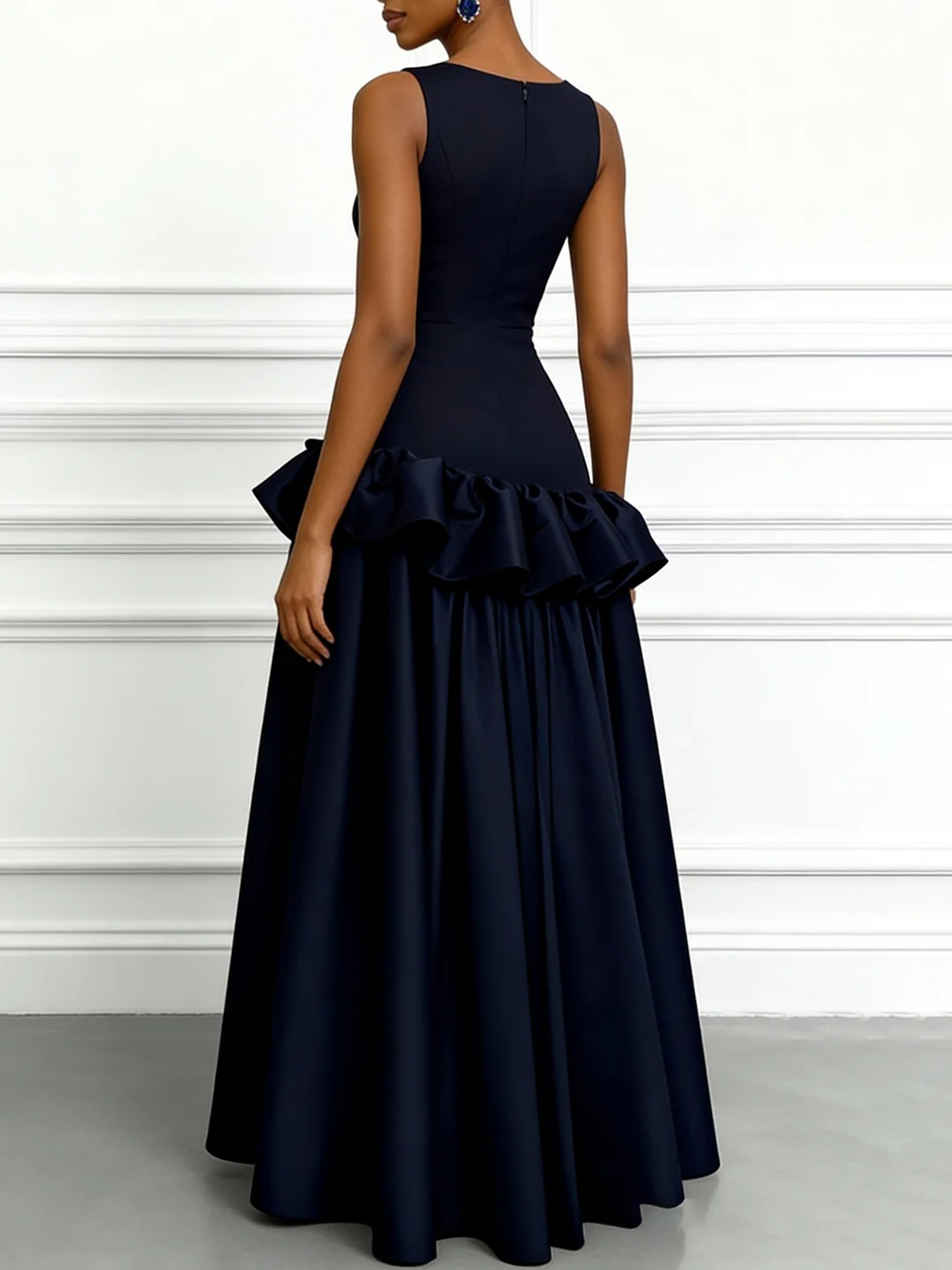 Navy Blue Ruffled Satin Boat Neck Sleeveless A-Line Maxi Dress