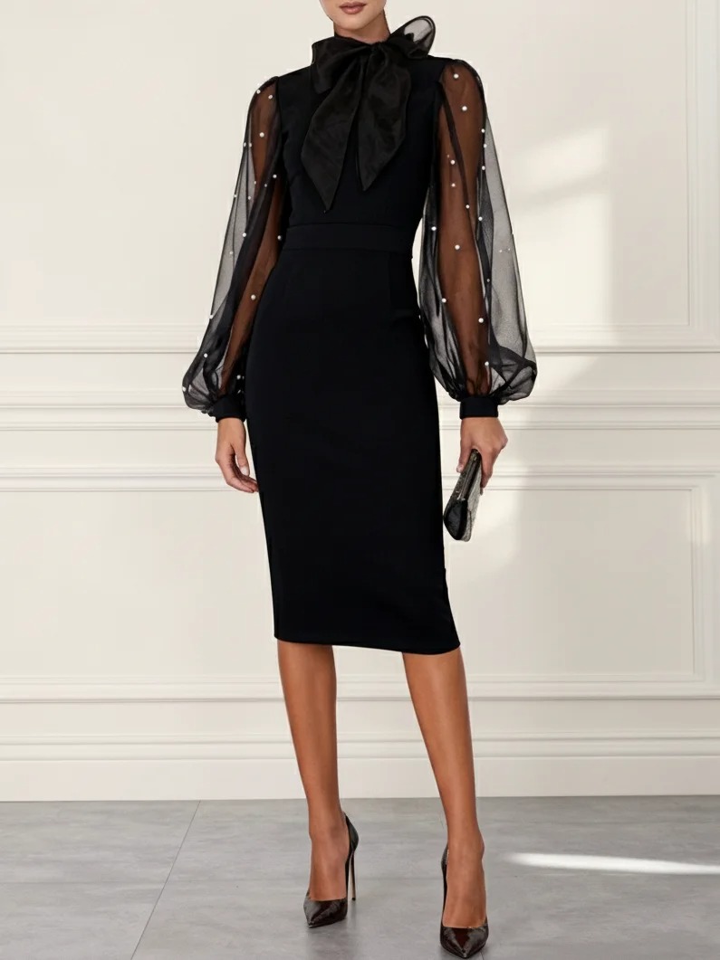 Black Faux Pearl Bow Classic Tie Neck Long Sleeve Balloon Sleeve Sheath Midi Dress