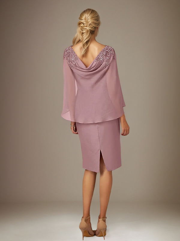 Mauve Sheath/Column Chiffon Bateau Neck Cape Sleeves Knee Length Dress