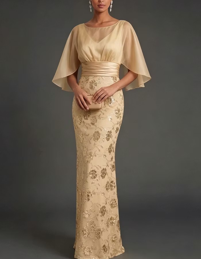 Champagne-colored Boat-neck Floral Lace Maxi Dress