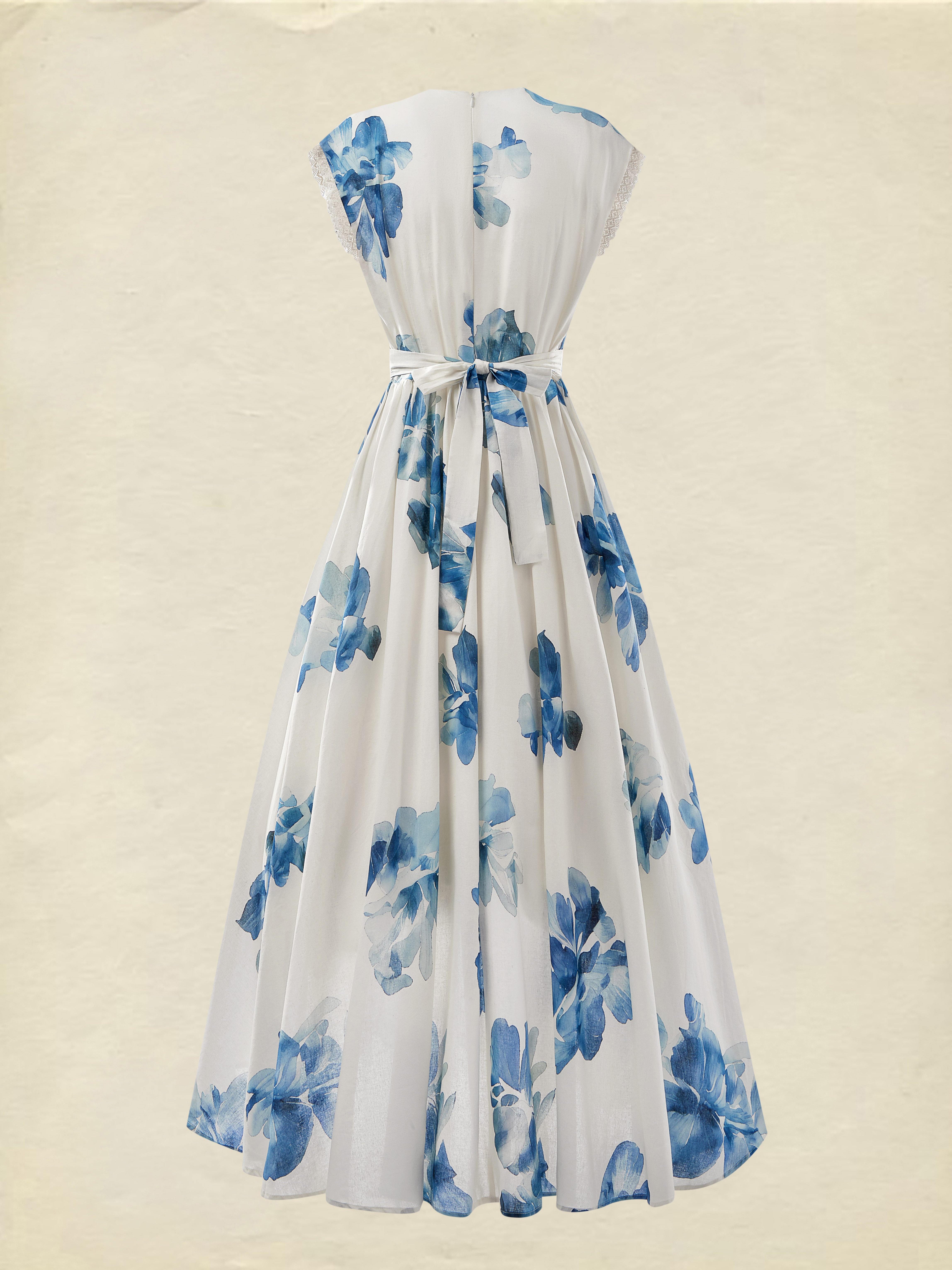(SIZE:XS-XXL)Linen Maxi Dress, Sleeveless, V neck, Floral, Vintage, Light Blue