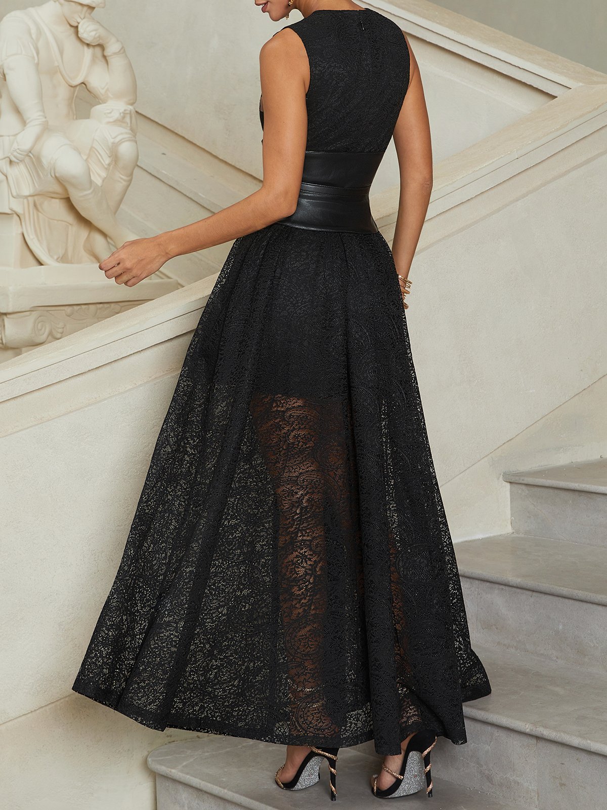Black Lace Hollow Out Lace Crew Neck Sleeveless A-Line Maxi Dress