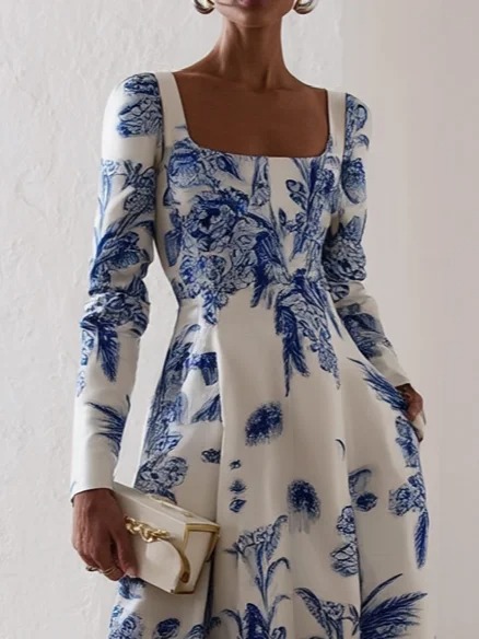 Blue Floral Classic Square Neck Long Sleeve A-Line Midi Dress