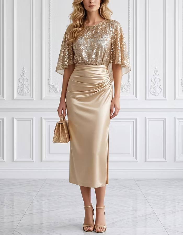 Gold Sequin Flutter Sleeve Satin Ruched Split Midi Dress