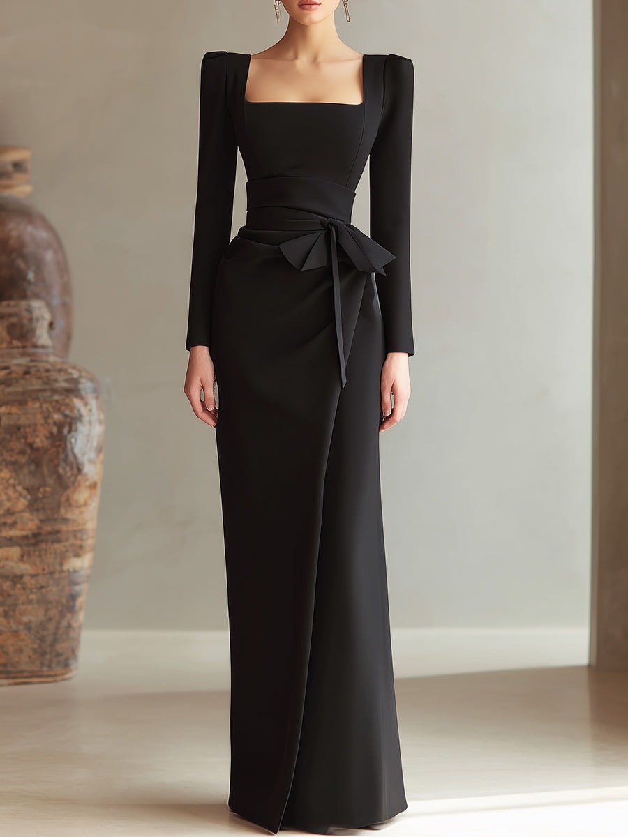 Black Square-Neck Long Sleeve Wrap-Style Maxi Dress With Waist Tie