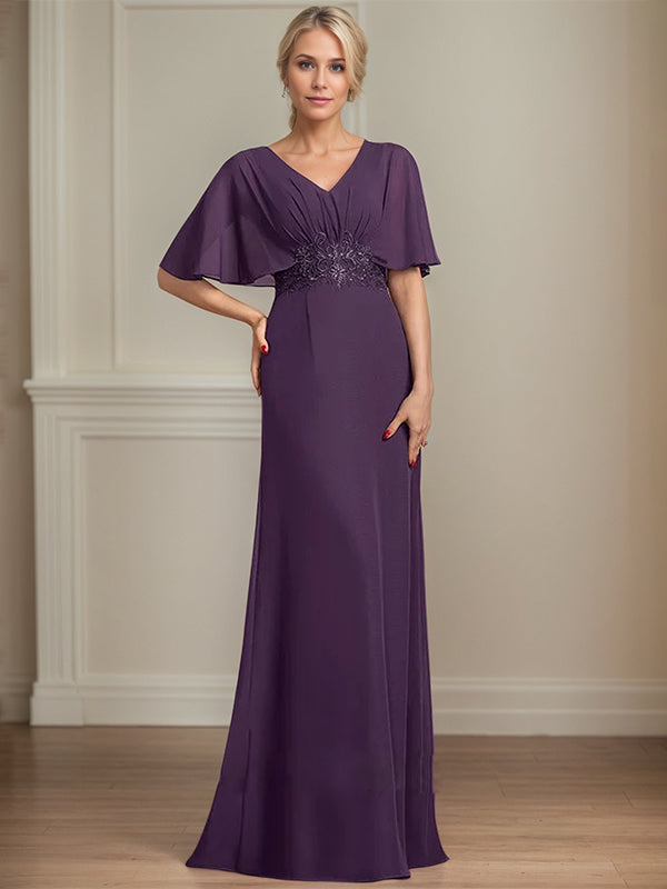 A-Line V-Neck Floor-Length Chiffon Mother of the Bride Dress With Appliques Pleated