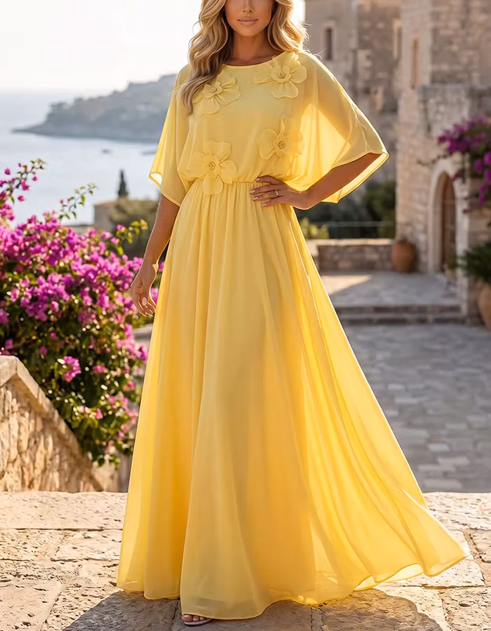 Yellow Round Neck 3D Flower Batwing Sleeve Chiffon Maxi Dress