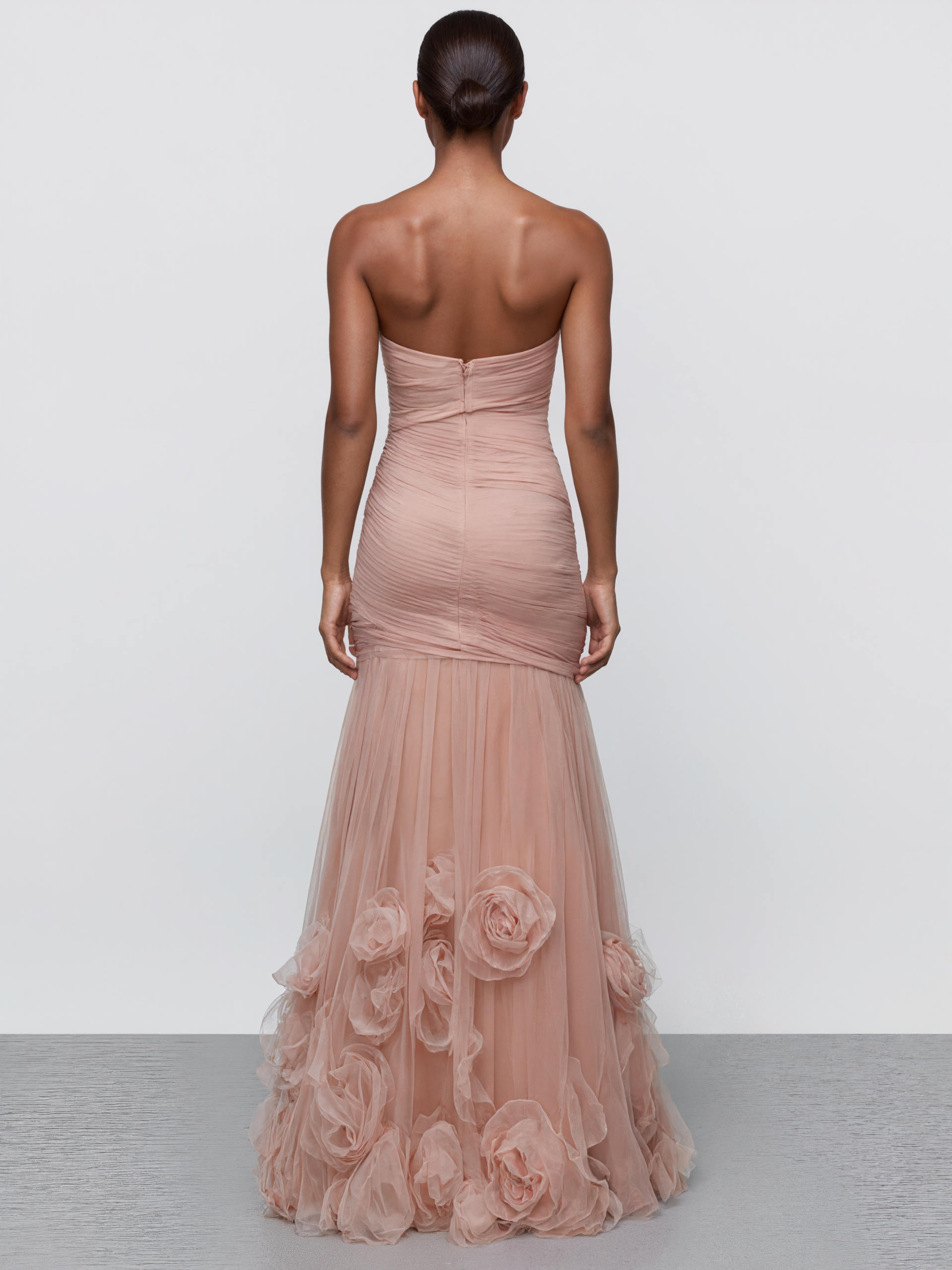 Pink 3D Floral Ruched Tulle Strapless Sleeveless Mermaid Maxi Dress