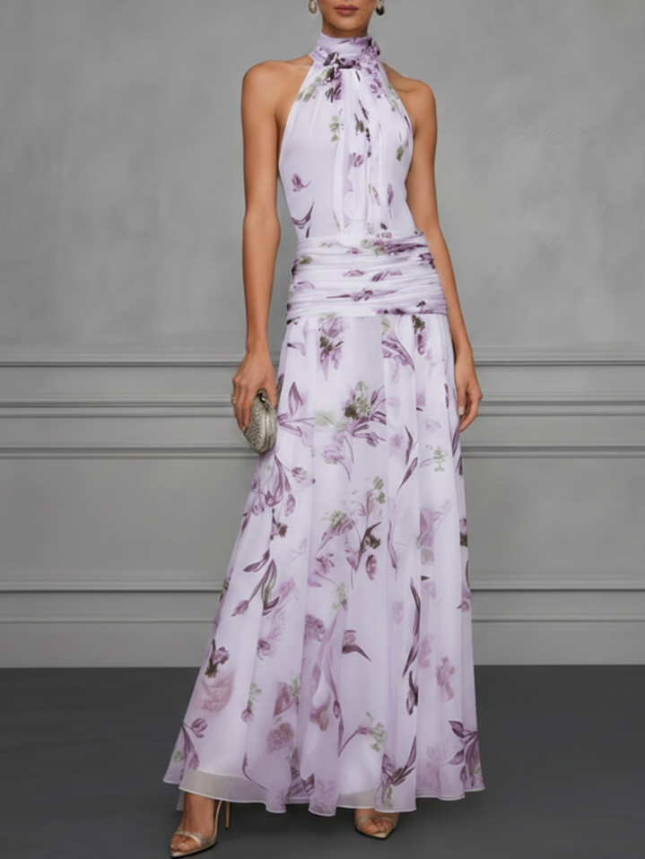 Halter Neck Floral Print Bow Tie Long Evening Dress