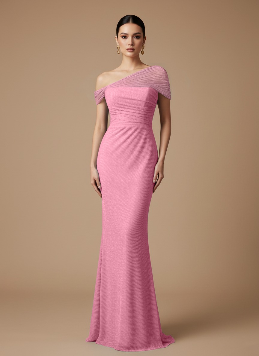 Evening Prom Light Blue Gown One Shoulder Glitter Ruched Maxi Dress