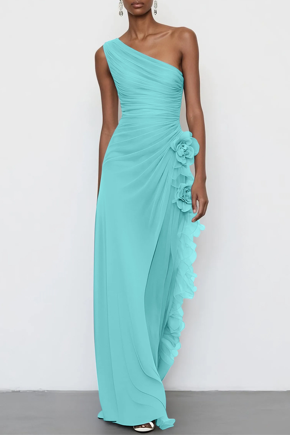 Light Blue 3D Floral Chiffon One Shoulder Sleeveless Sheath Maxi Dress