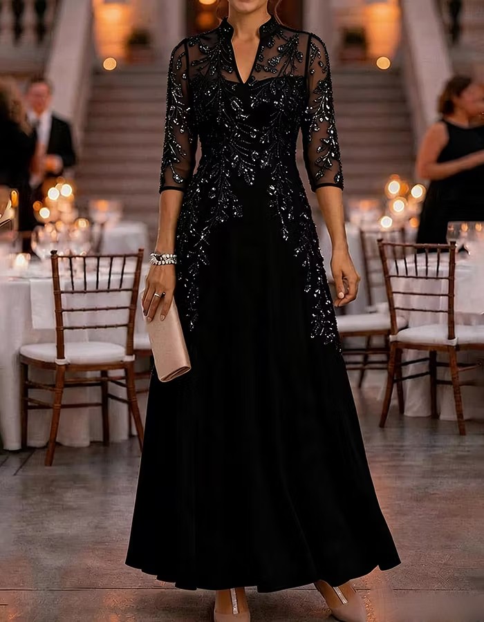 Stand Collar Half Sleeve Beaded Chiffon Evening Gown