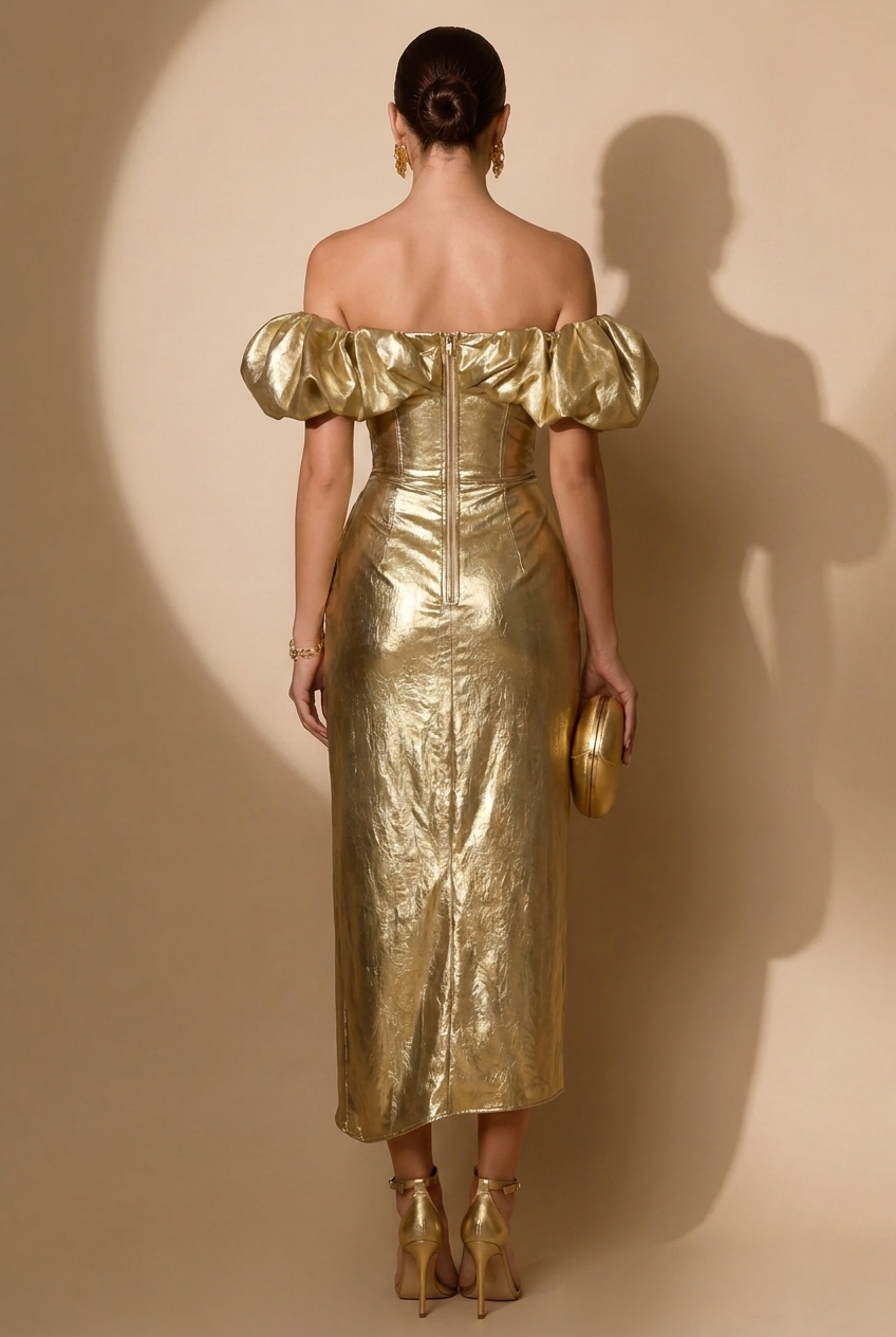 Radiant Metallic Gold Off-Shoulder Midi Dress