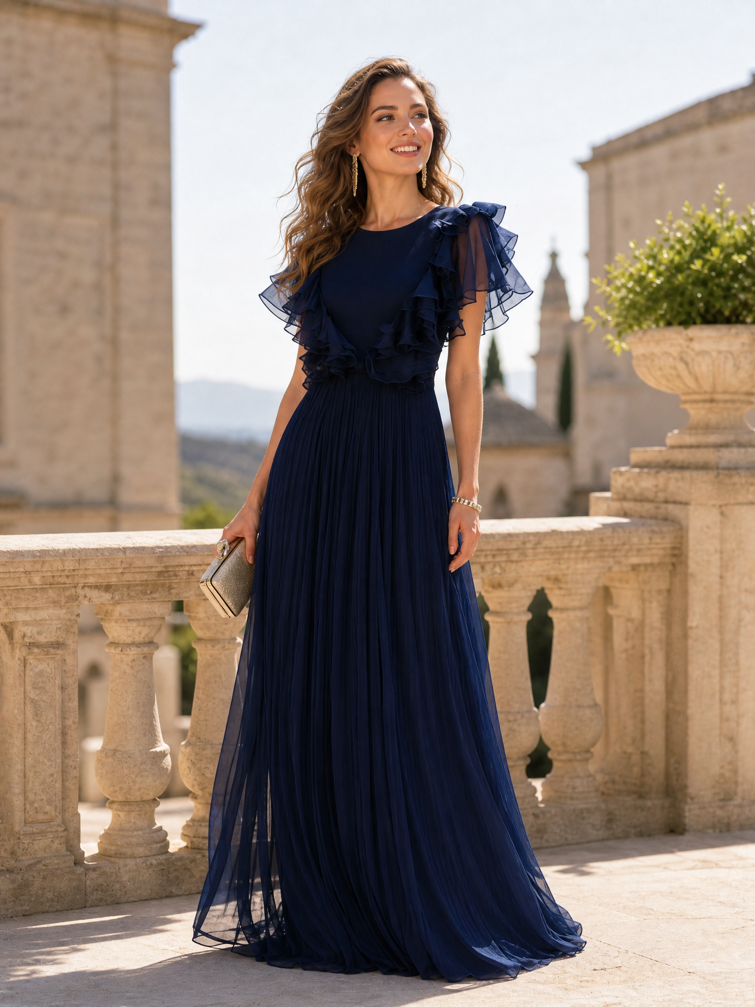 Ruffled Flutter-Sleeve Pleated Chiffon Evening Gown