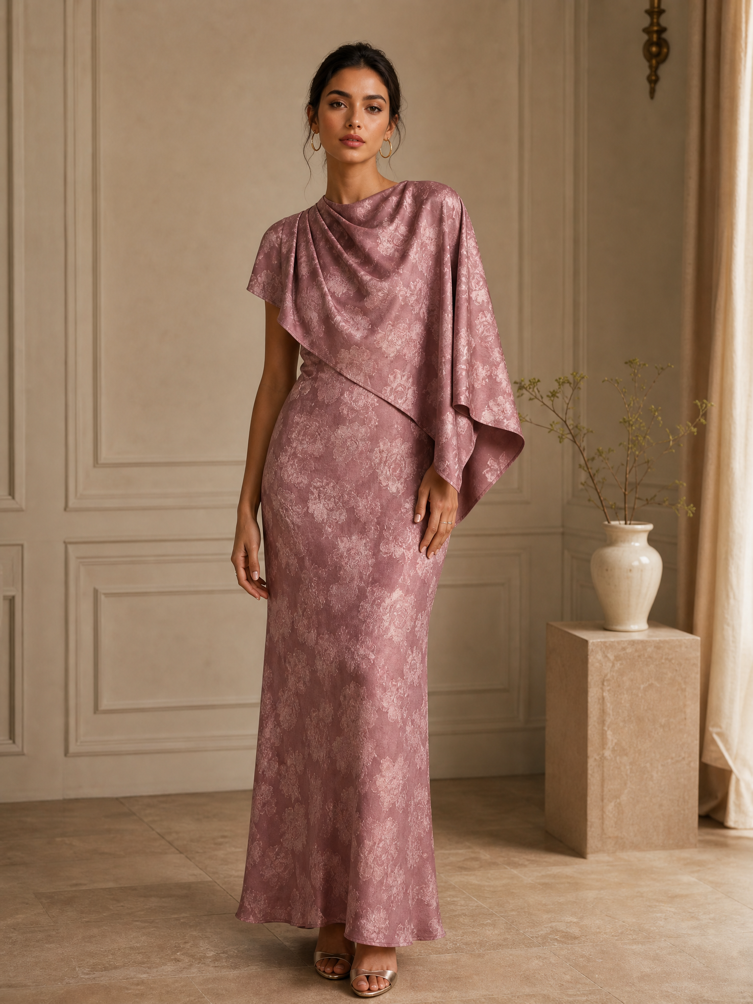Asymmetric Draped Overlay Floral Chiffon Evening Gown