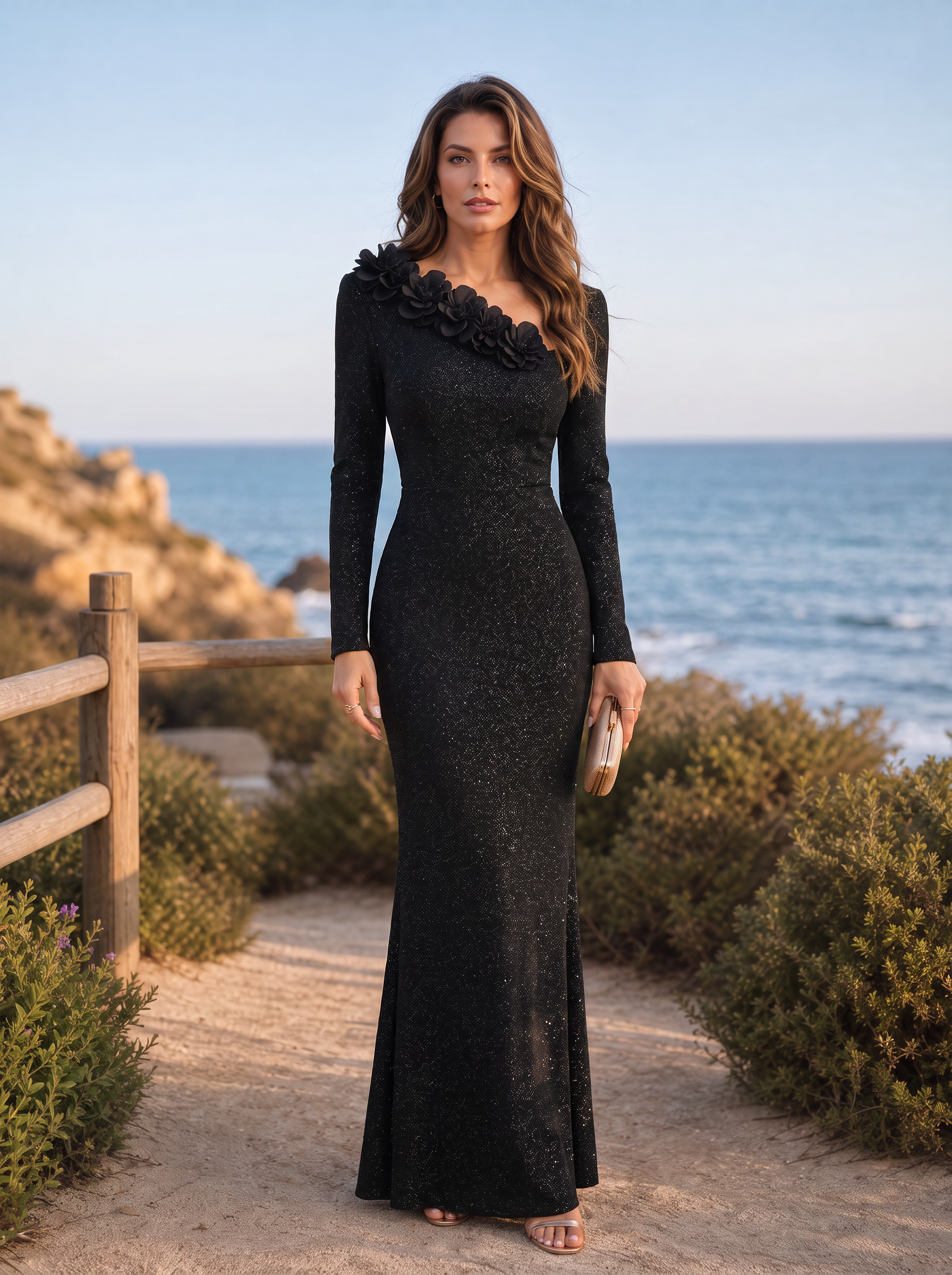 Shimmering Floral-Accented Long-Sleeve Evening Gown
