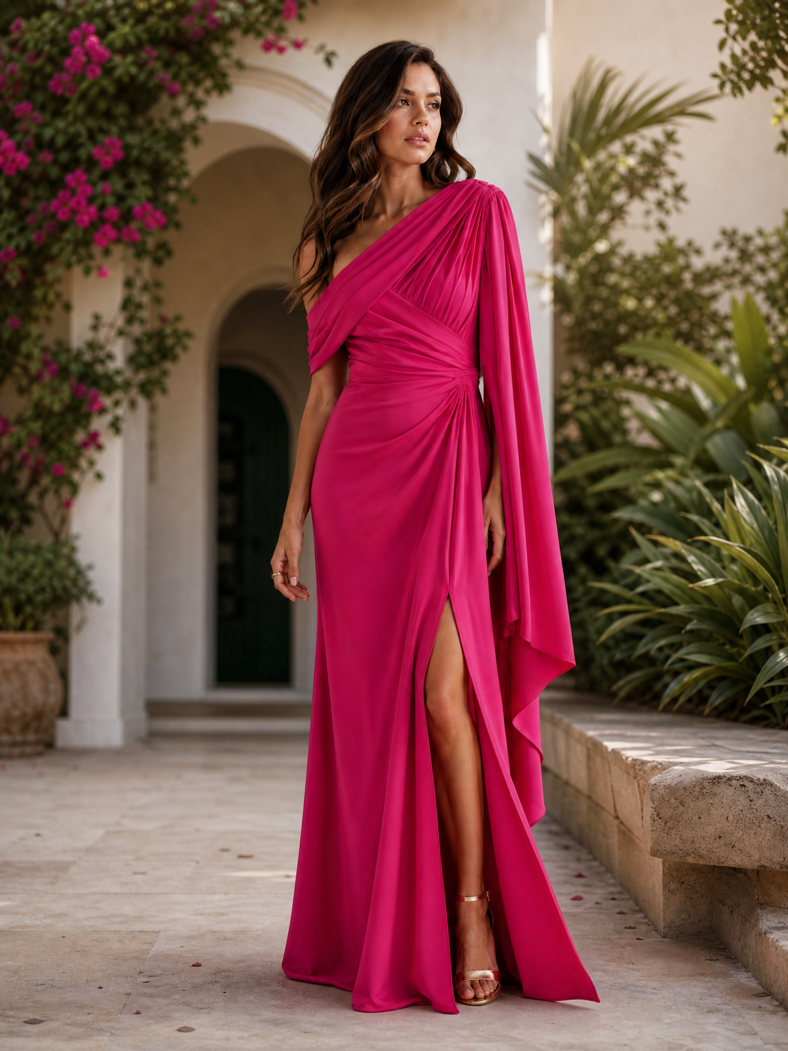 One-Shoulder Draped Chiffon Evening Gown with Slit