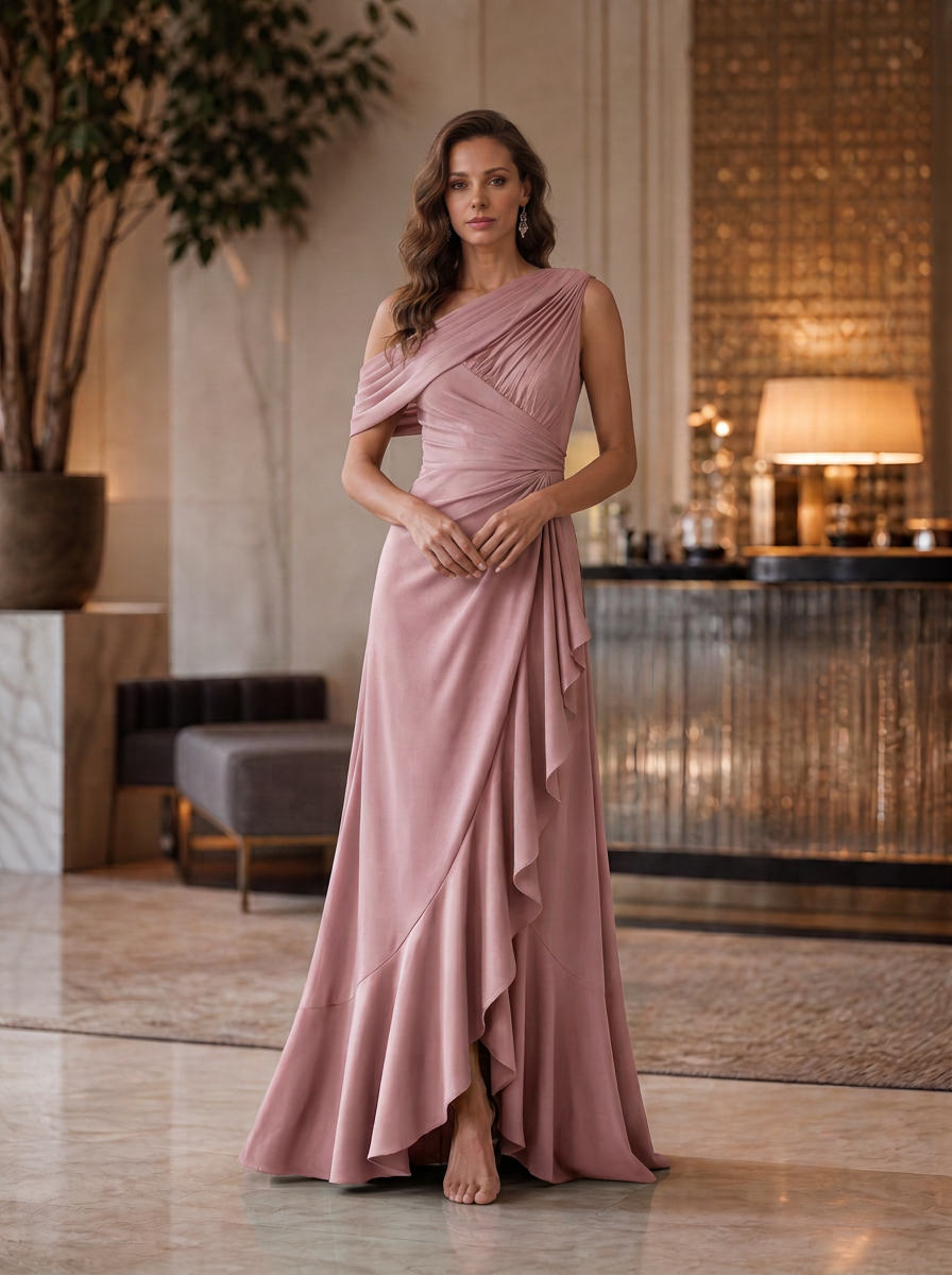 One-Shoulder Pleated Ruffle-Trim Evening Gown