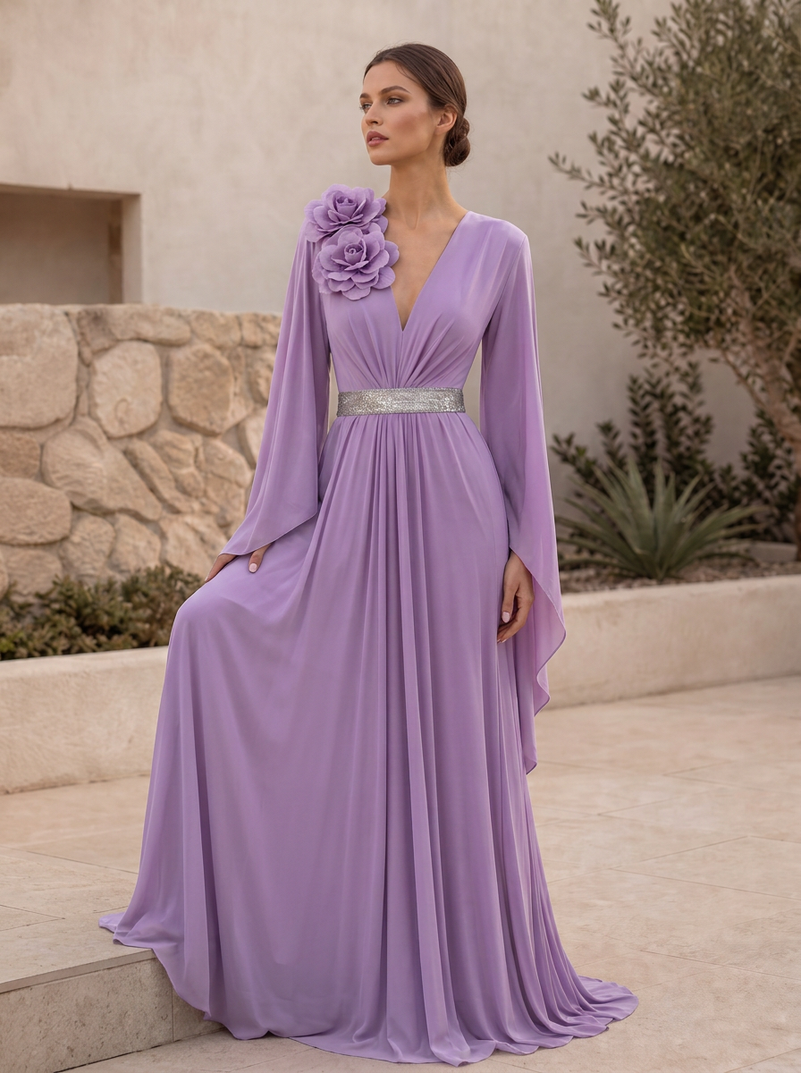 V-Neck Pleated Chiffon Evening Gown with Bell Sleeves and Floral Applique