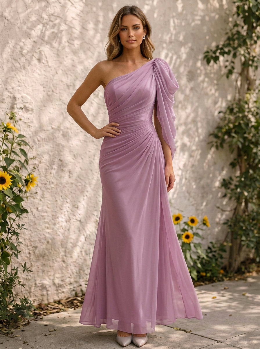 One-Shoulder Pleated Chiffon Evening Gown