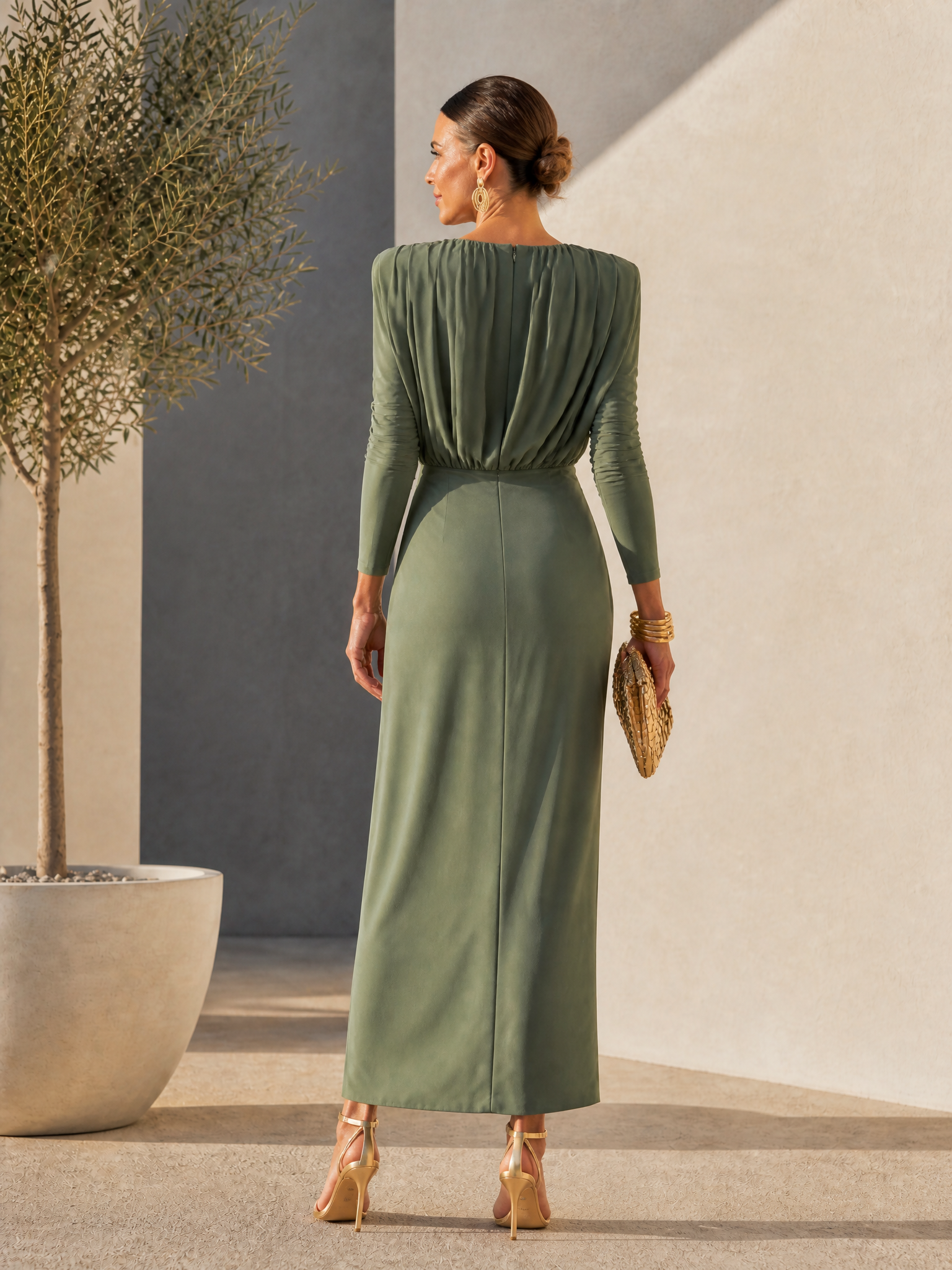 Elegant Long-Sleeve Draped Midi Dress with Gold Buckle