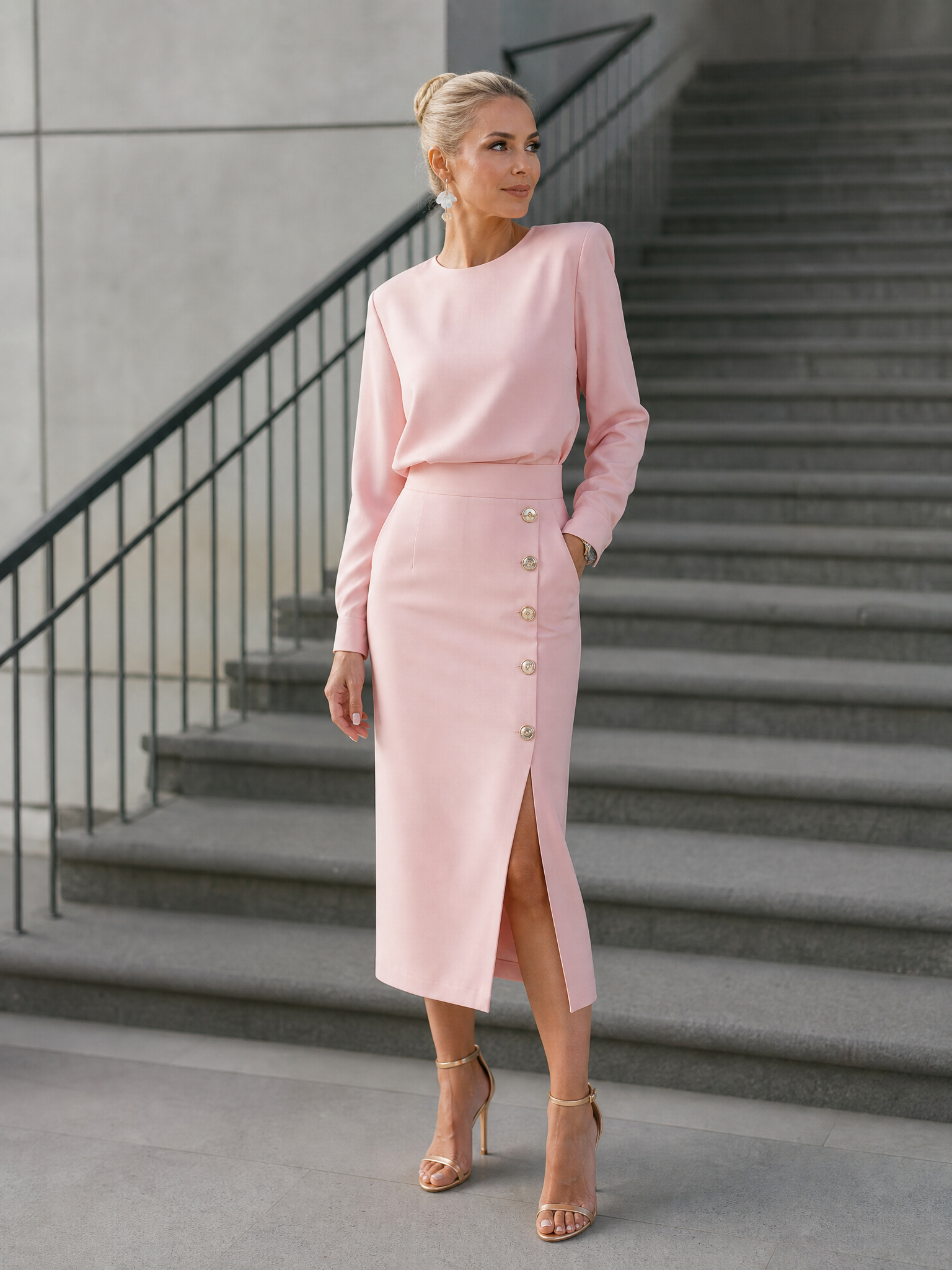 Chic Button-Embellished Long-Sleeve Midi Dress with Split Hem
