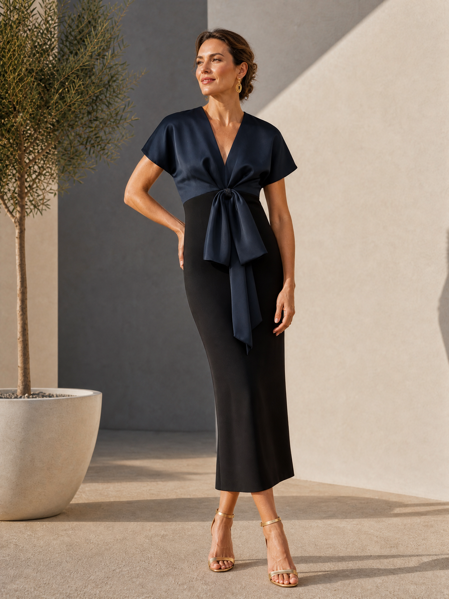 Sophisticated Two-Tone Midi Dress with Contrast Satin Bow Accent