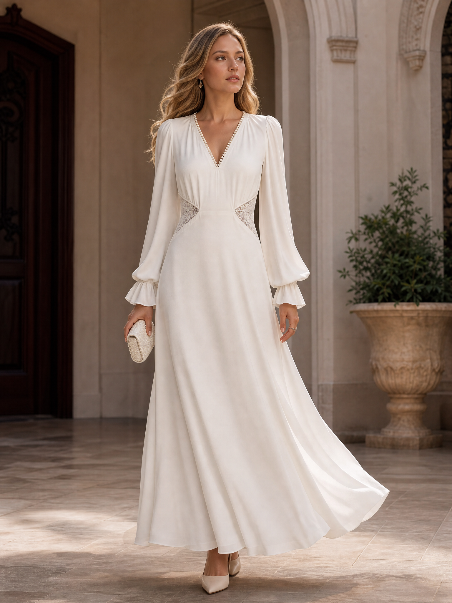 Elegant V-Neck Long-Sleeve Maxi Dress with Cut-Out Lace Side Details