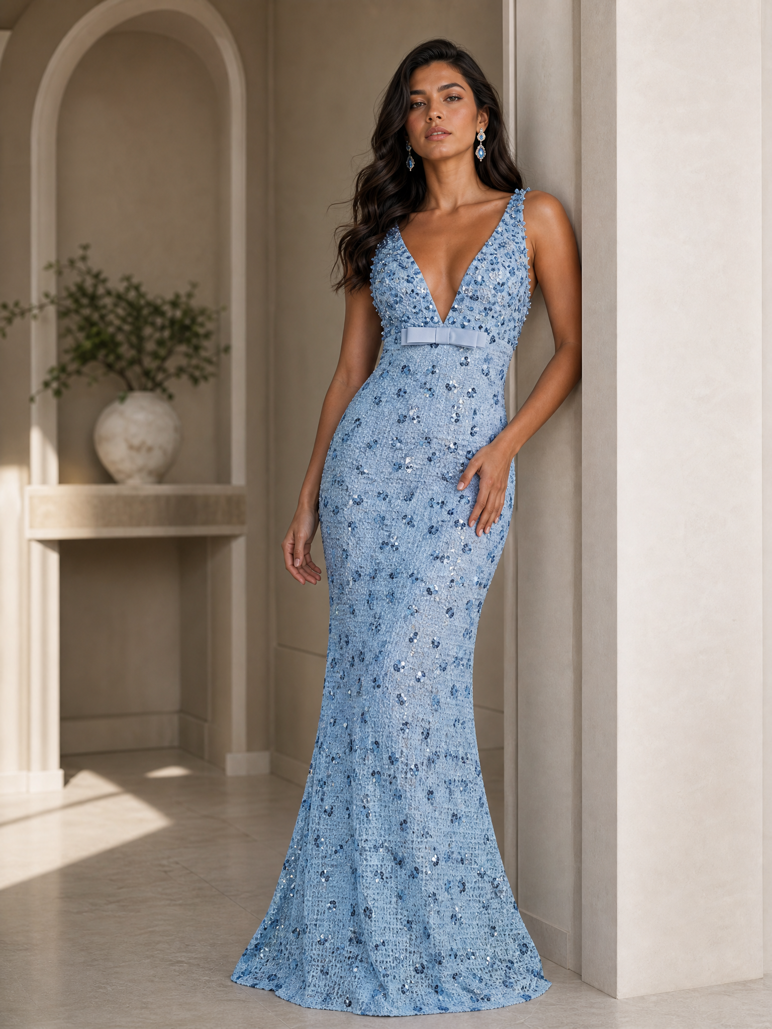 Shimmering V-Neck Sequin Mermaid Evening Gown with Bow Accent