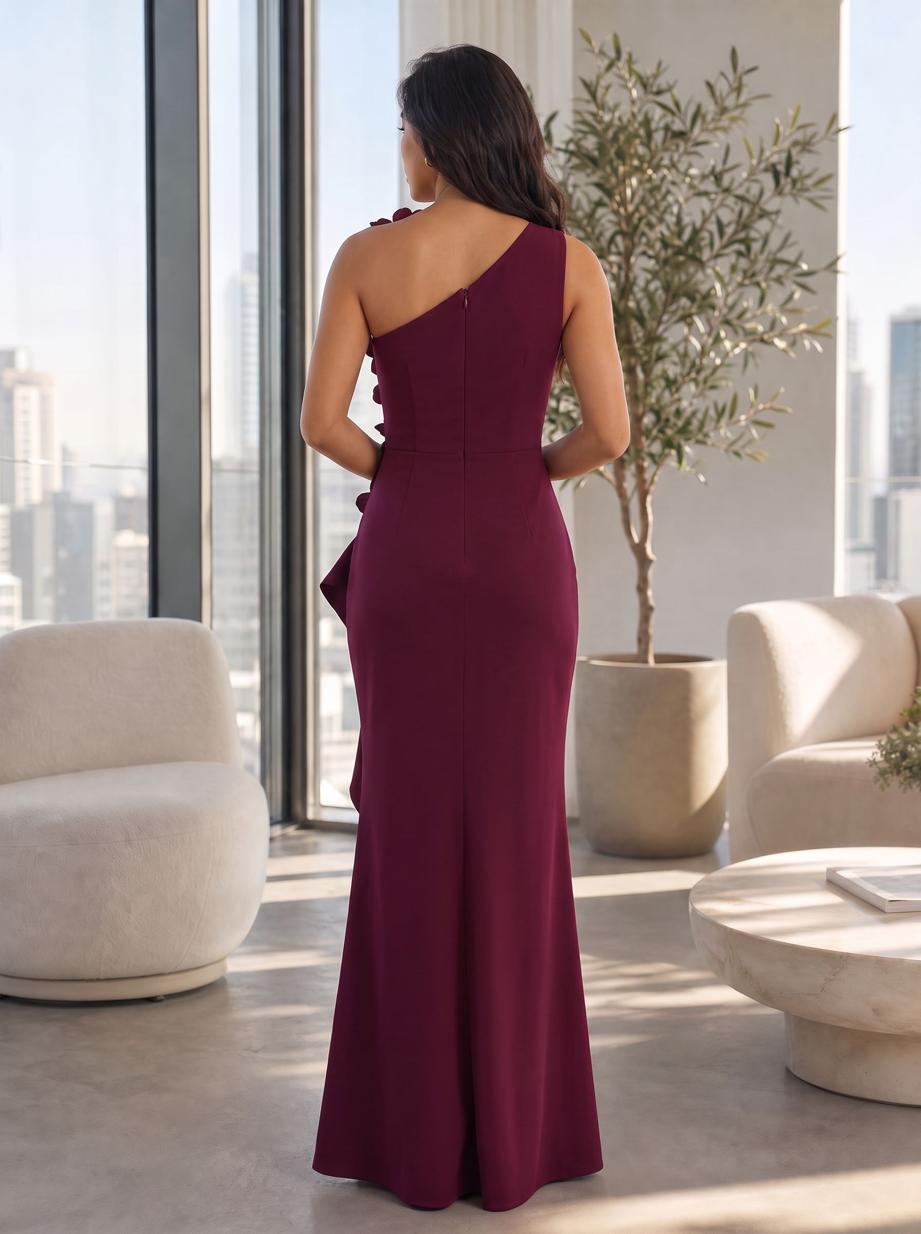 One-Shoulder 3D Floral Applique Ruffled Long Evening Gown